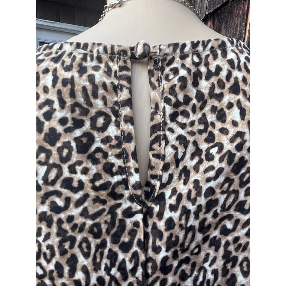 Andree By Unit Size L Shift Dress Leopard Print Puff Tiered Sleeves Ruffle Sheer - Picture 2 of 8